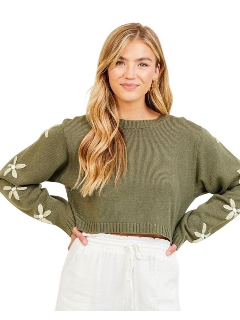 Altar’d State Olive Green Floral-Embroidered Cropped Knit Sweater - Picture 2 of 7